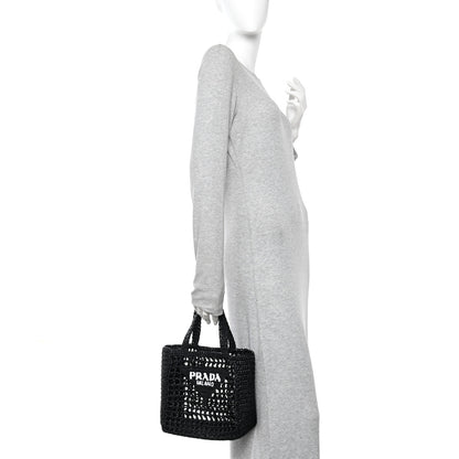 Prada Yarn Raffia Effect Crochet Logo Embroidered Small Tote Bag Black 2 of 8