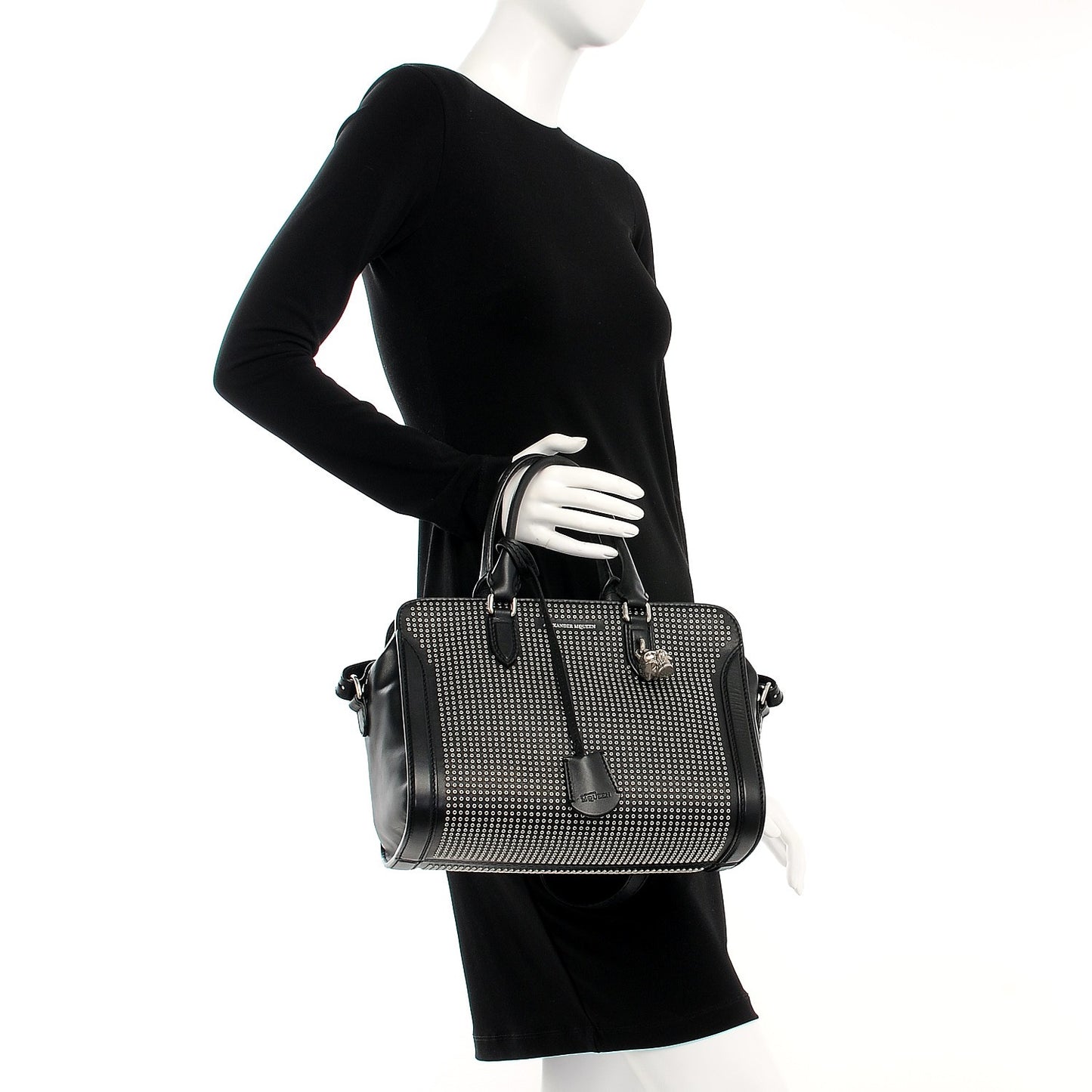 Calfskin Small Studded Padlock Zip Around Tote Black