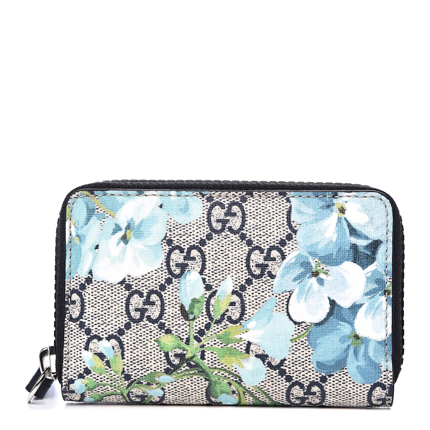 Gucci GG Supreme Monogram Blooms Zip Around Card Case Wallet Beige Blue Navy 1 of 7