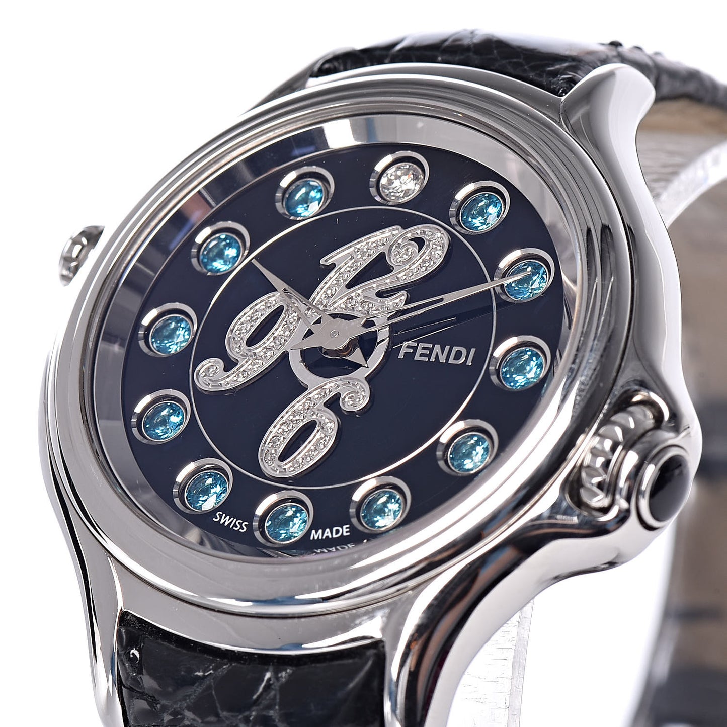 Stainless Steel Calfskin Diamond Topaz 33mm Crazy Carats Rotating Gem Quartz Watch Black