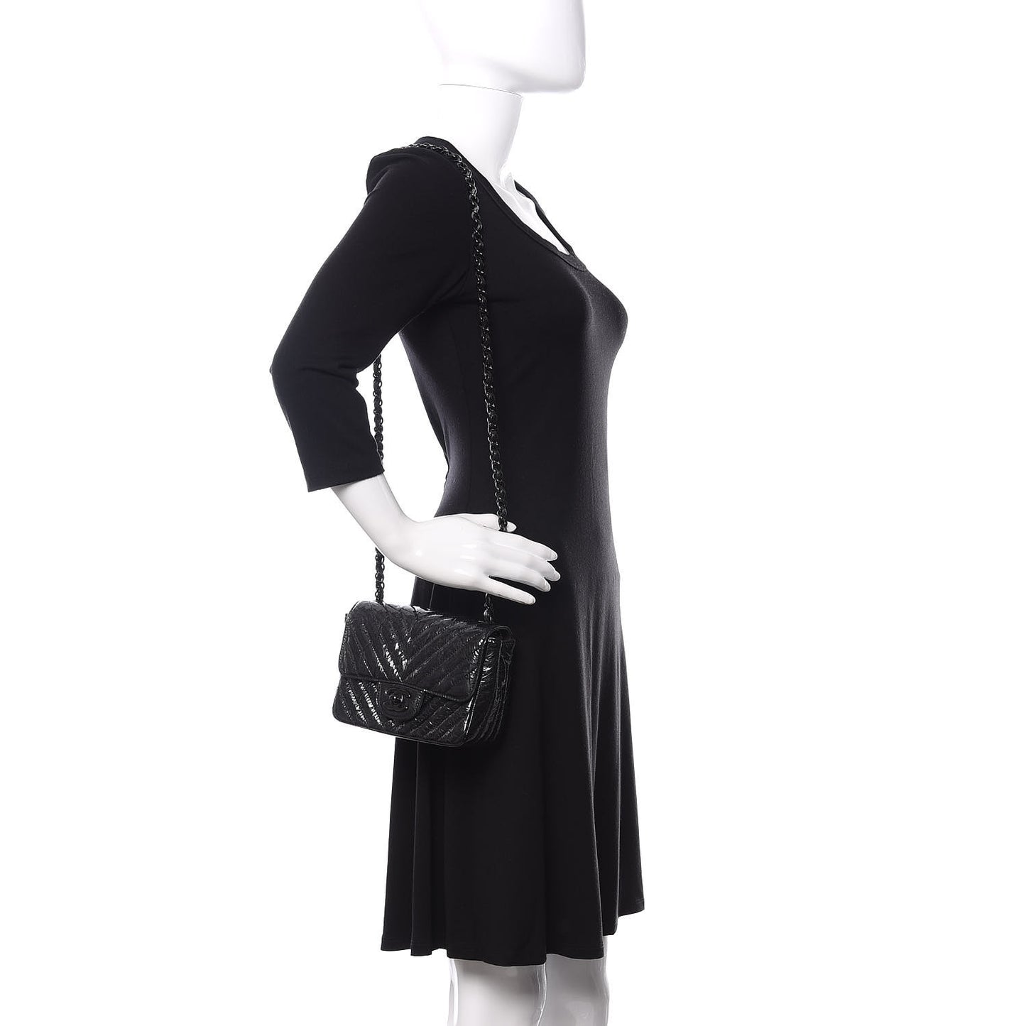 Metallic Patent Crumpled Calfskin Chevron Quilted Mini Square Flap Black