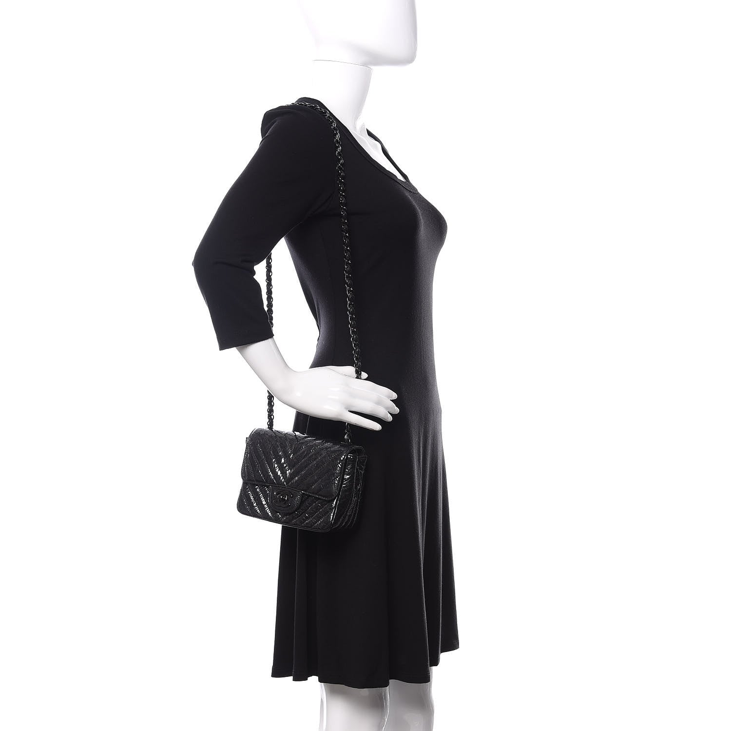 Chanel Metallic Patent Crumpled Calfskin Chevron Quilted Mini Square Flap Black 2 of 11