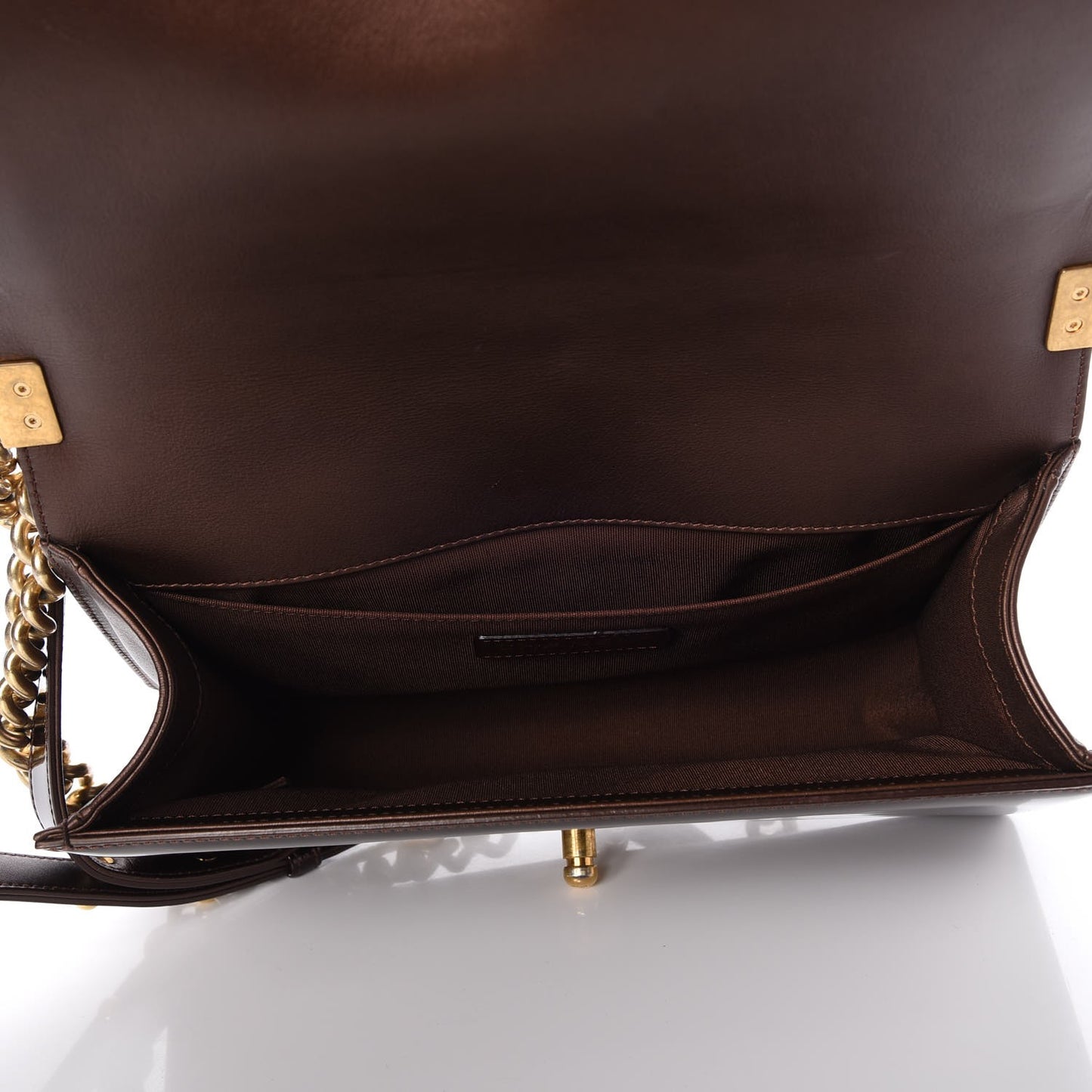Metallic Patent Calfskin Quilted Medium Boy Flap Brown