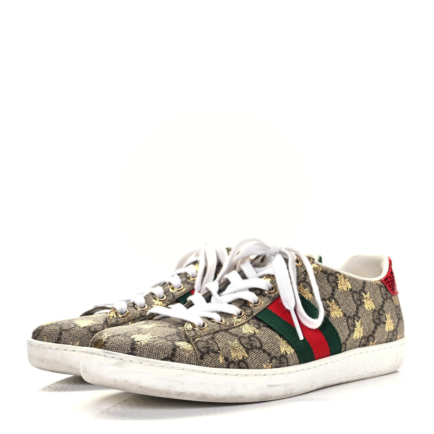 Gucci GG Supreme Monogram Bees Ayers Web Womens Ace Sneakers 36.5 Beige Oro Green Red 3 of 10