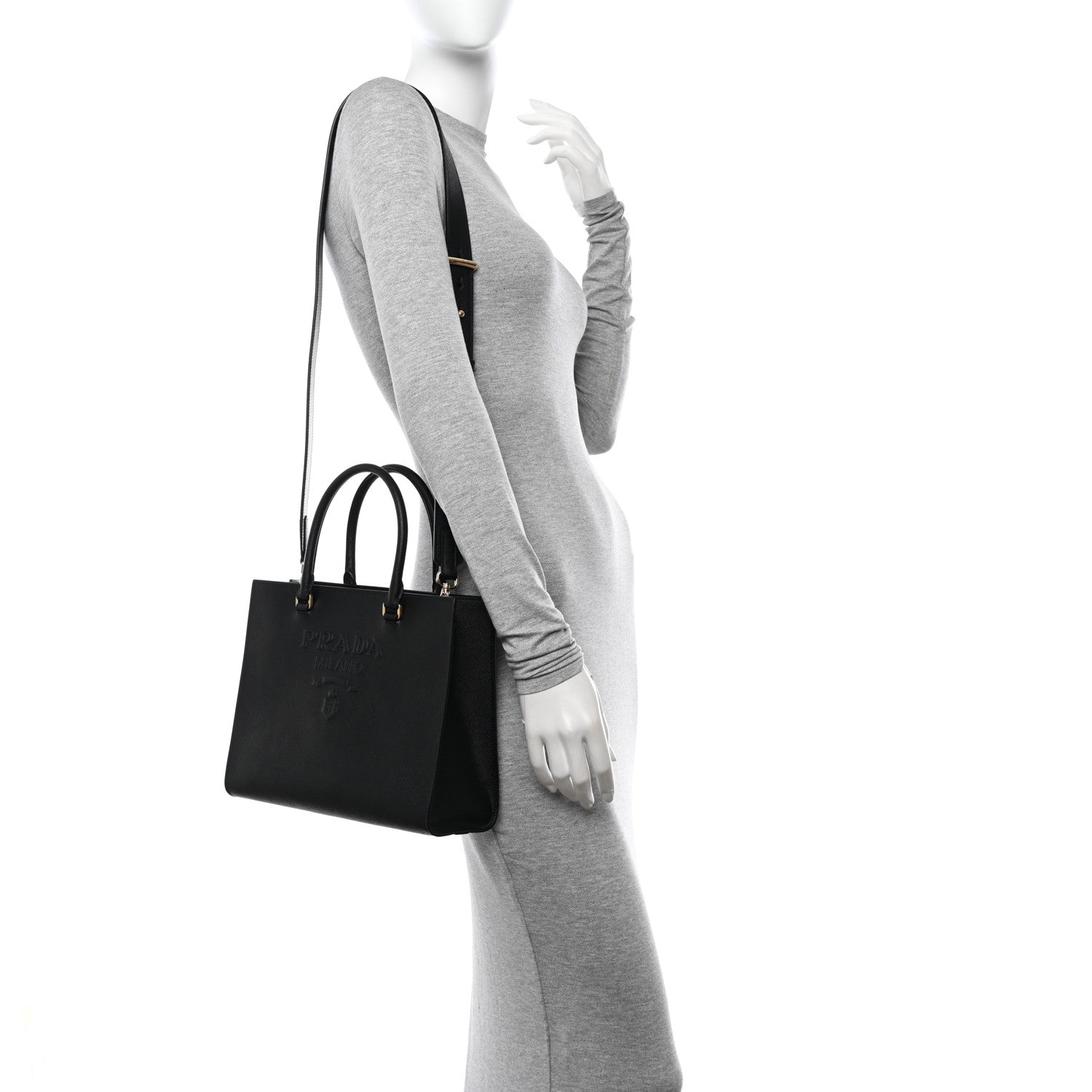 Prada Saffiano Lux Logo Embossed Medium Shoulder Tote Handbag Black 2 of 10