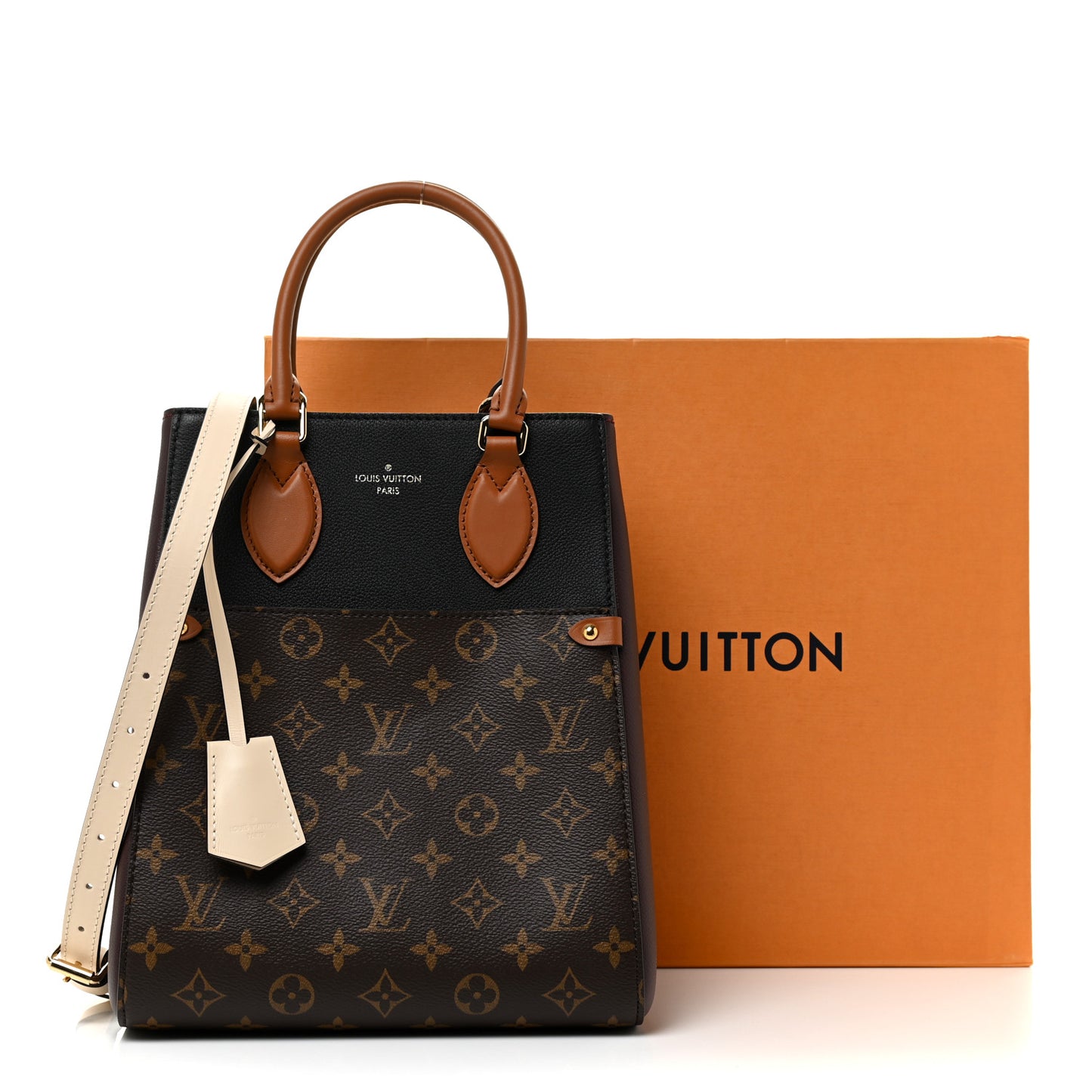 Calfskin Monogram Fold Tote MM Black Wine Cream