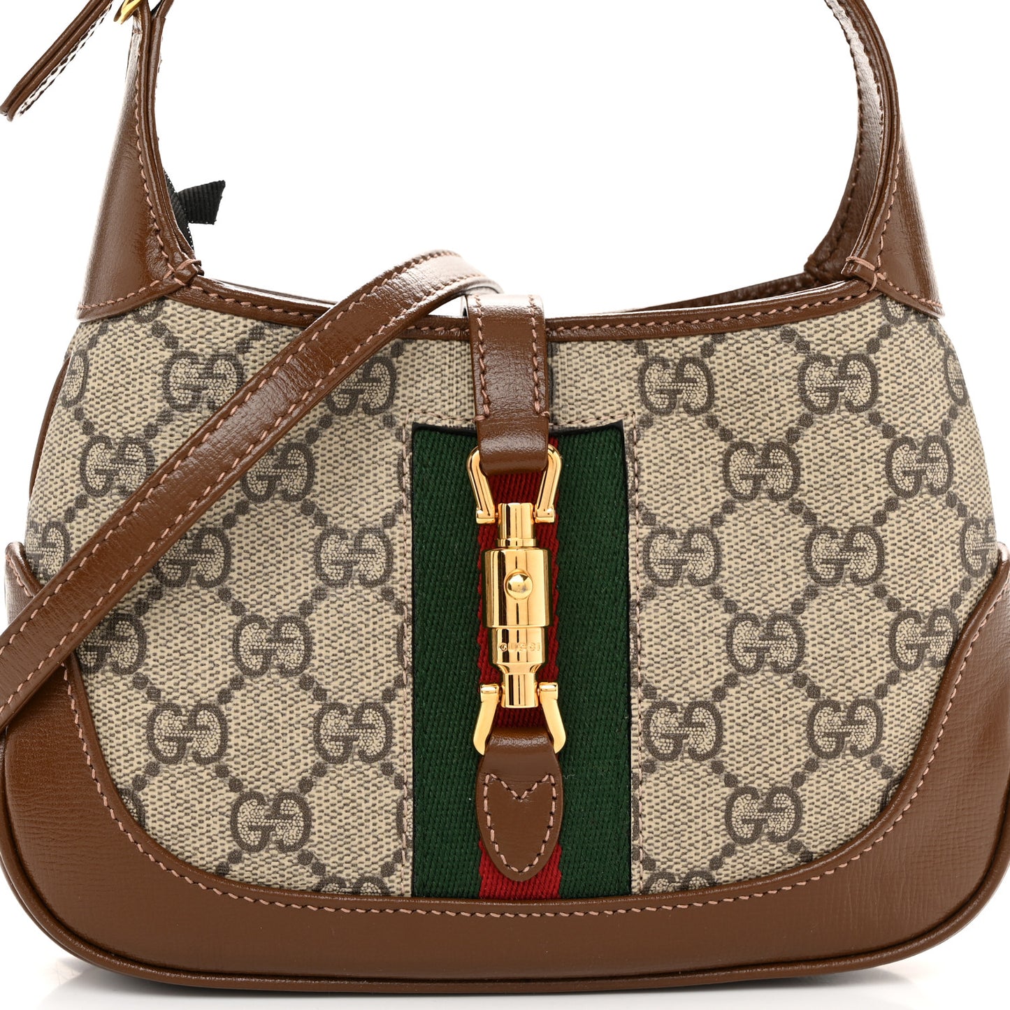 GG Supreme Monogram Azalea Calfskin Web Mini Jackie 1961 Hobo Beige Ebony Brown Sugar