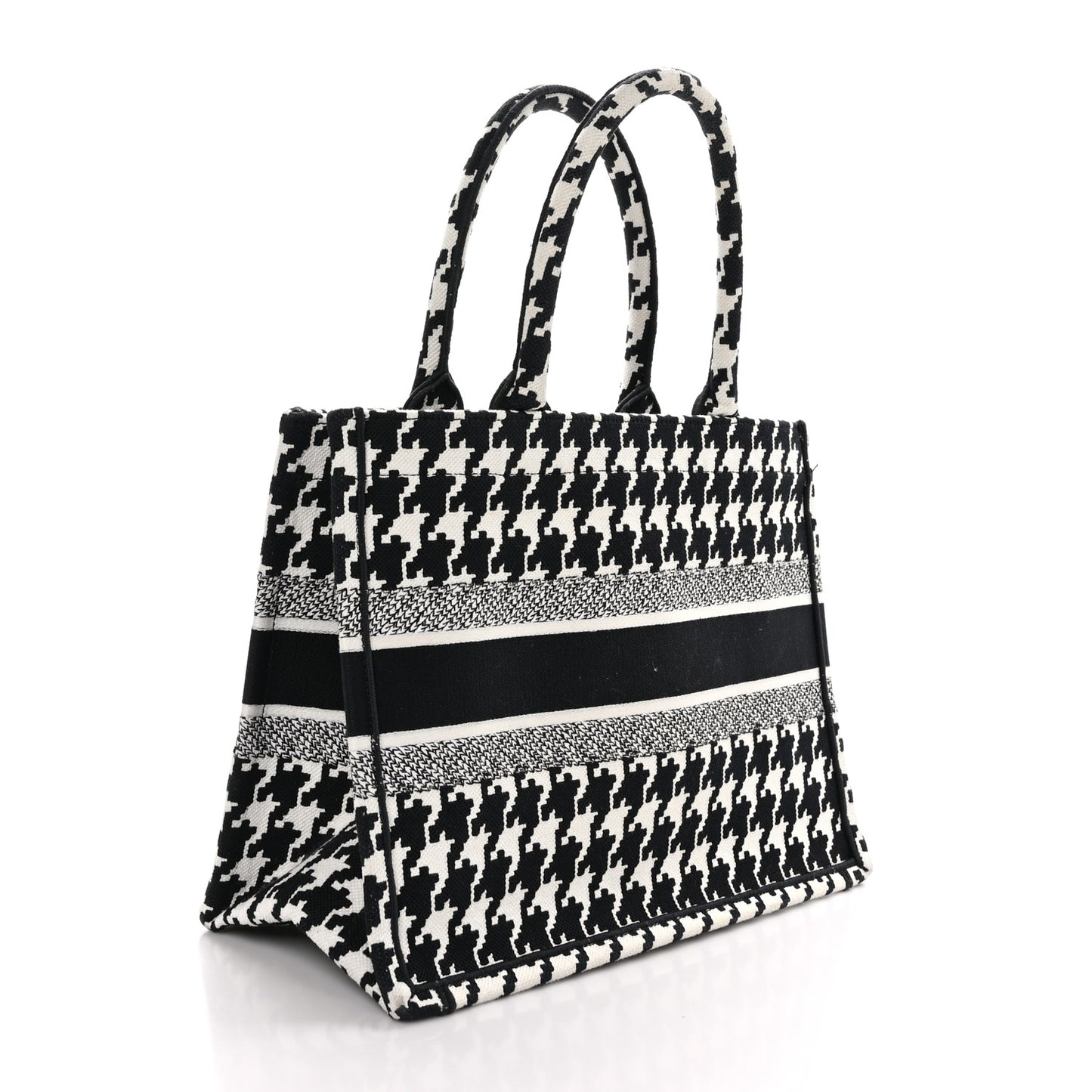 CHRISTIAN DIOR Canvas Macro Houndstooth Embroidered Medium Book Tote Black White