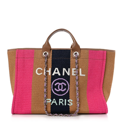 Chanel Straw Raffia Calfskin Striped Large Deauville Tote Dark Beige Fuchsia Navy Blue 1 of 10