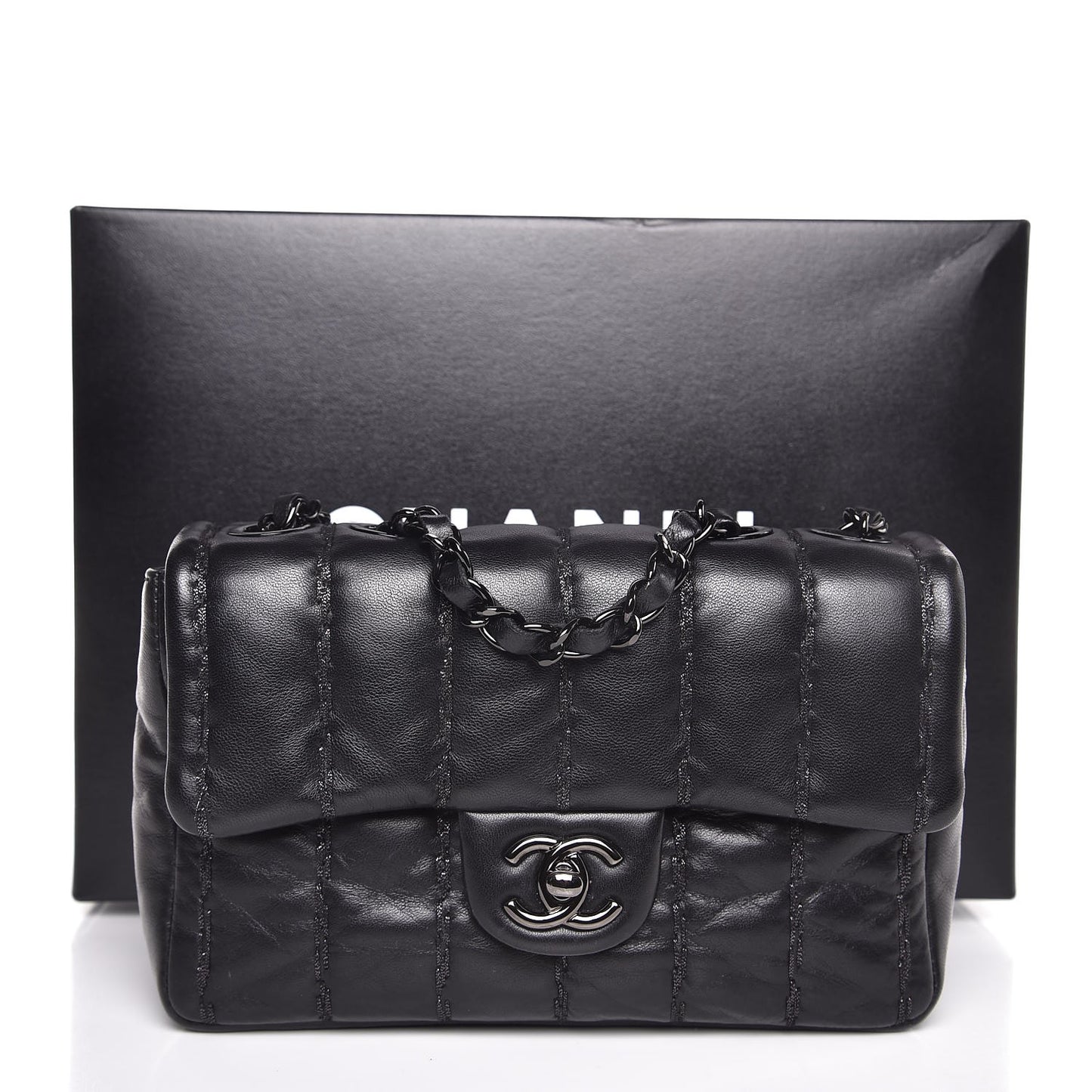 Lambskin Vertical Stitched Mini Flap Black