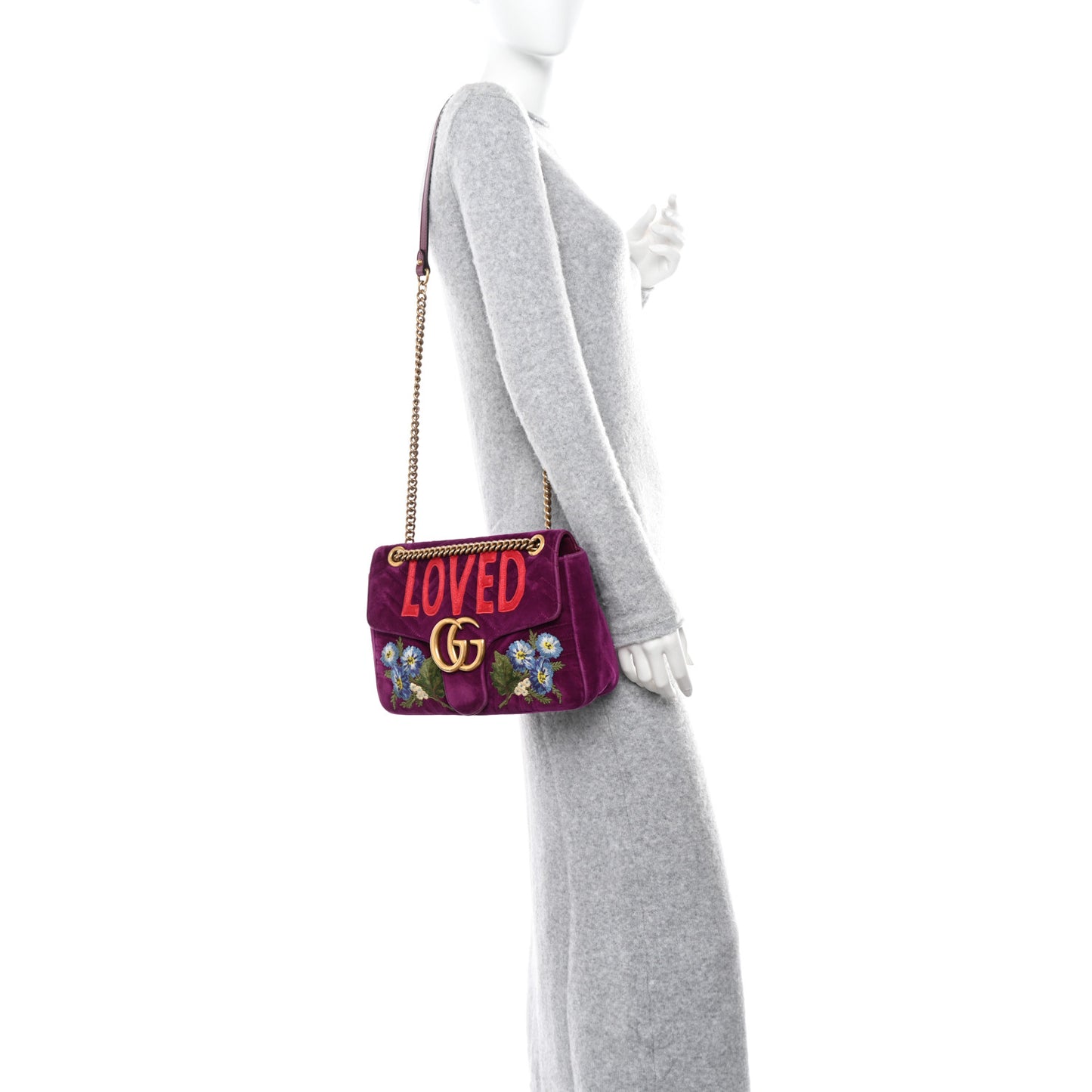 Velvet Matelasse Loved Embroidered Medium GG Marmont Shoulder Bag Fuchsia Violet Cyclamen