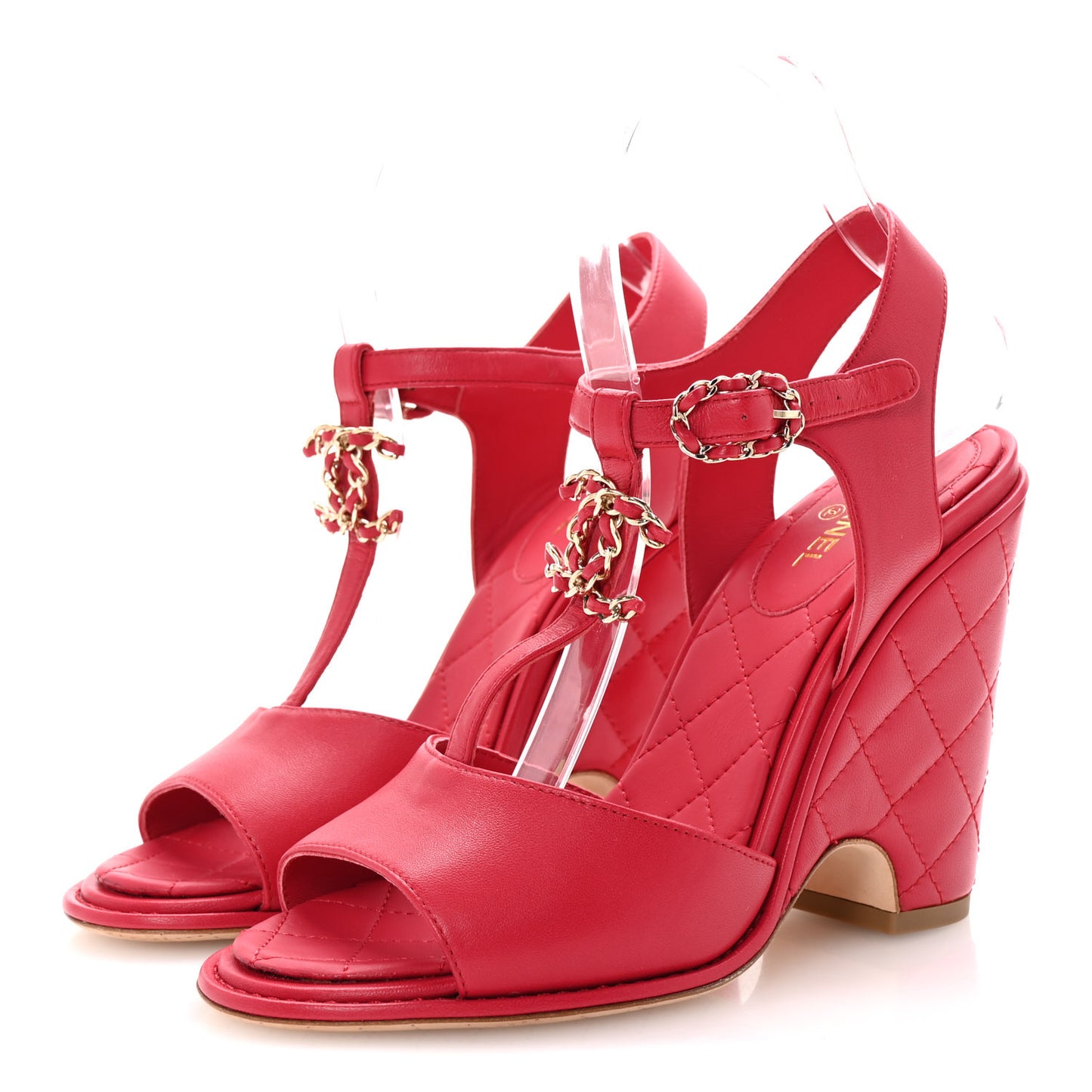 Lambskin Quilted Chain CC Wedge Sandals 38 Red