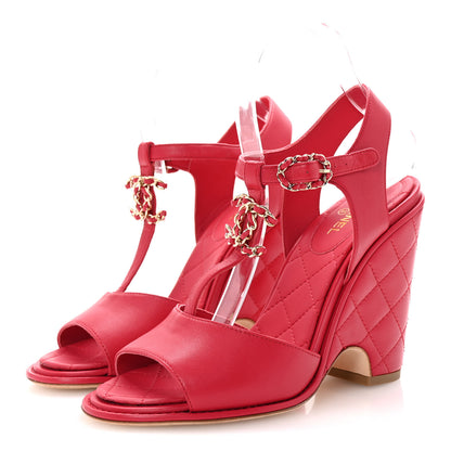 Chanel Lambskin Quilted Chain CC Wedge Sandals 38 Red 4 of 10