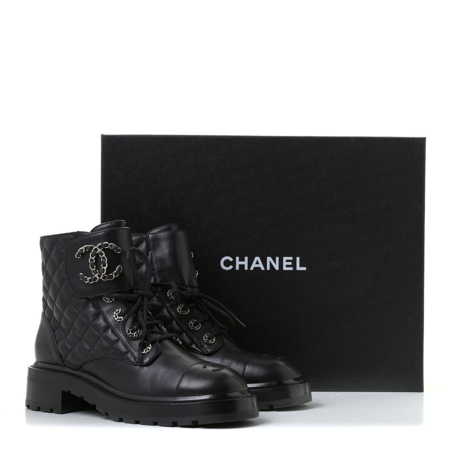 Shiny Lambskin Quilted Lace Up Combat Boots 38.5 Black