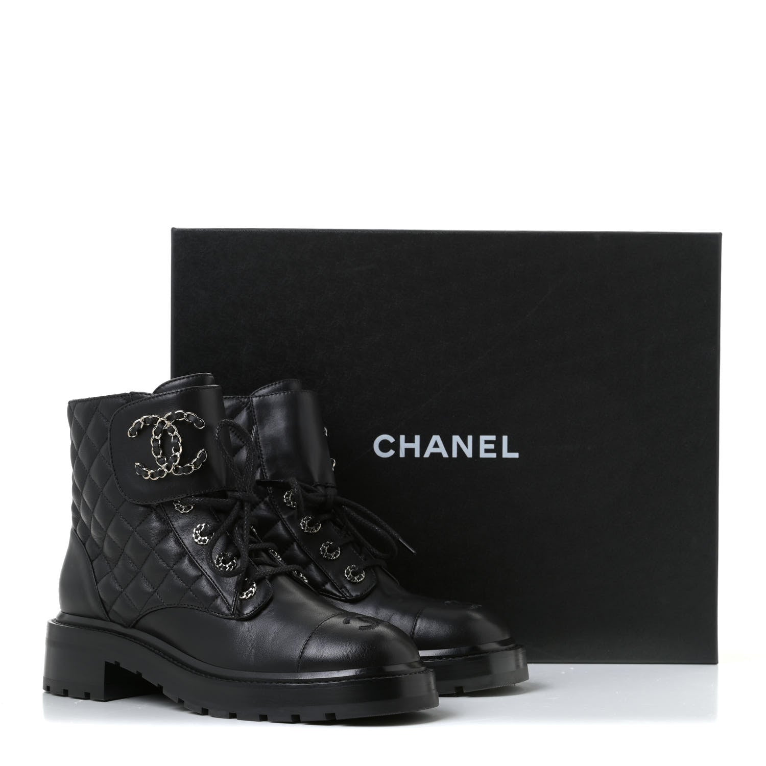 Chanel Shiny Lambskin Quilted Lace Up Combat Boots 38.5 Black 11 of 11