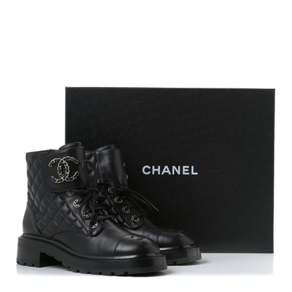 Chanel Shiny Lambskin Quilted Lace Up Combat Boots 38.5 Black 11 of 11