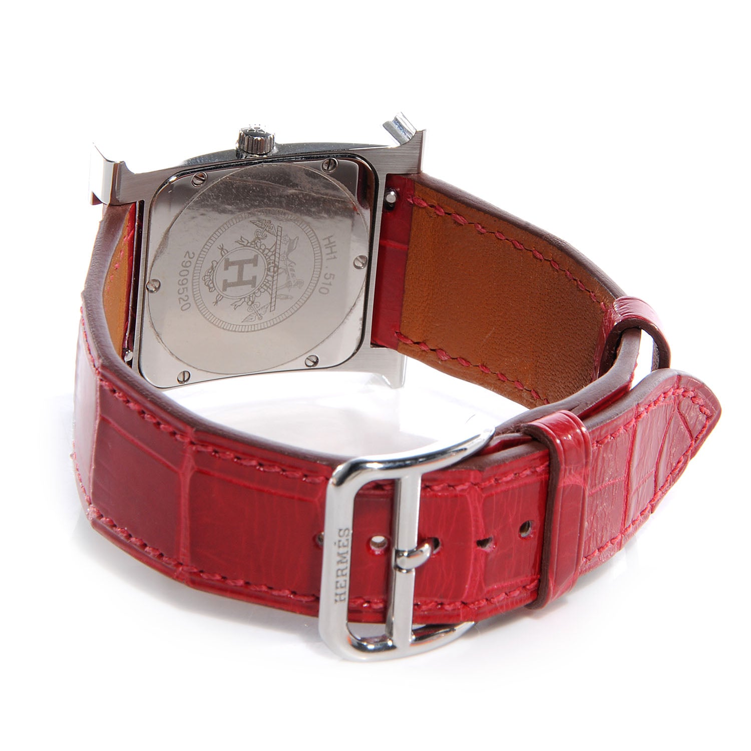 Hermes Stainless Steel Alligator Diamond 26mm Heure H Hour Quartz Watch Rouge Casaque 3 of 11