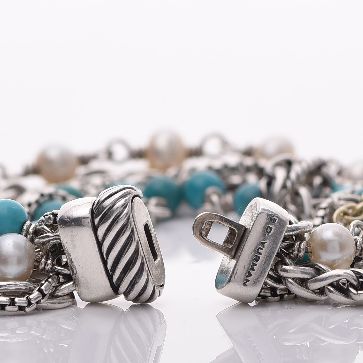 David Yurman Sterling Silver 18K Yellow Gold Turquoise Pearl Multi Strand Bracelet 4 of 6