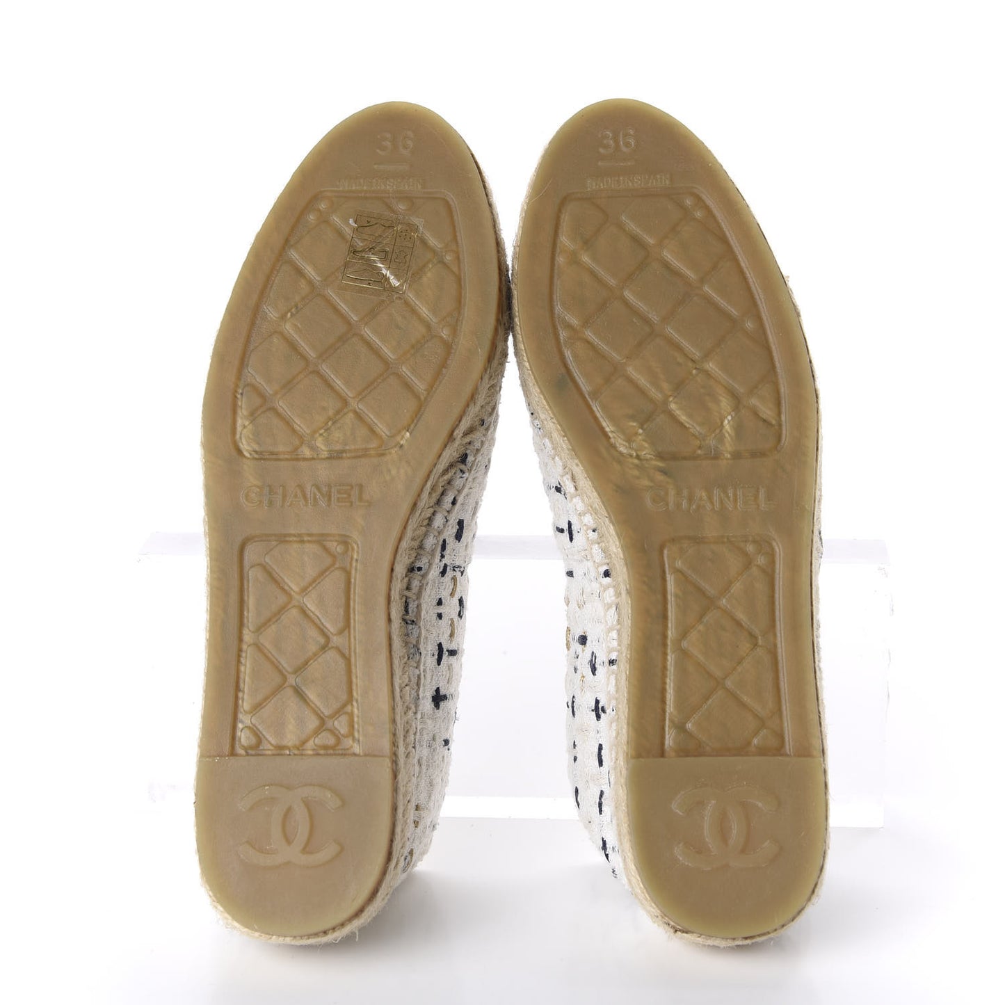 Tweed Grosgrain CC Espadrilles 36 White Beige Black