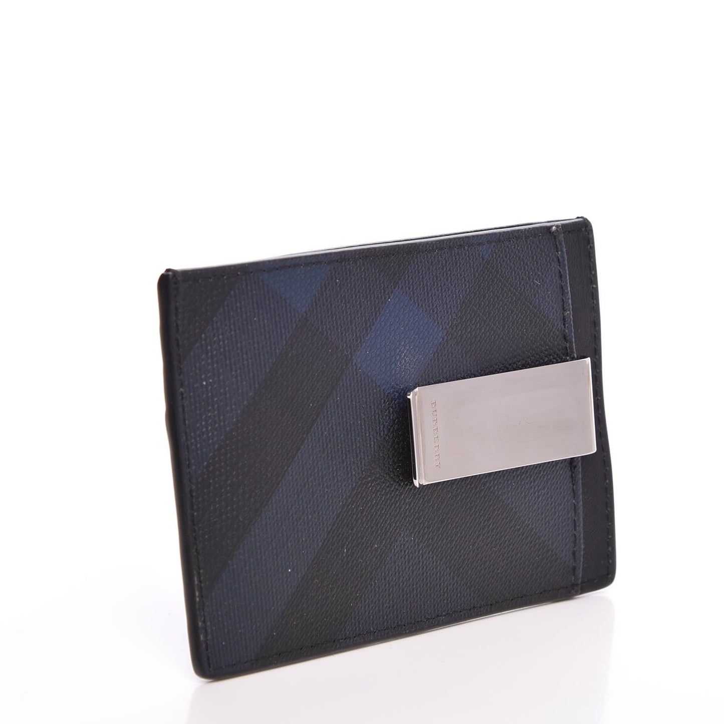 Grained Calfskin London Check Money Clip Card Case Navy Black