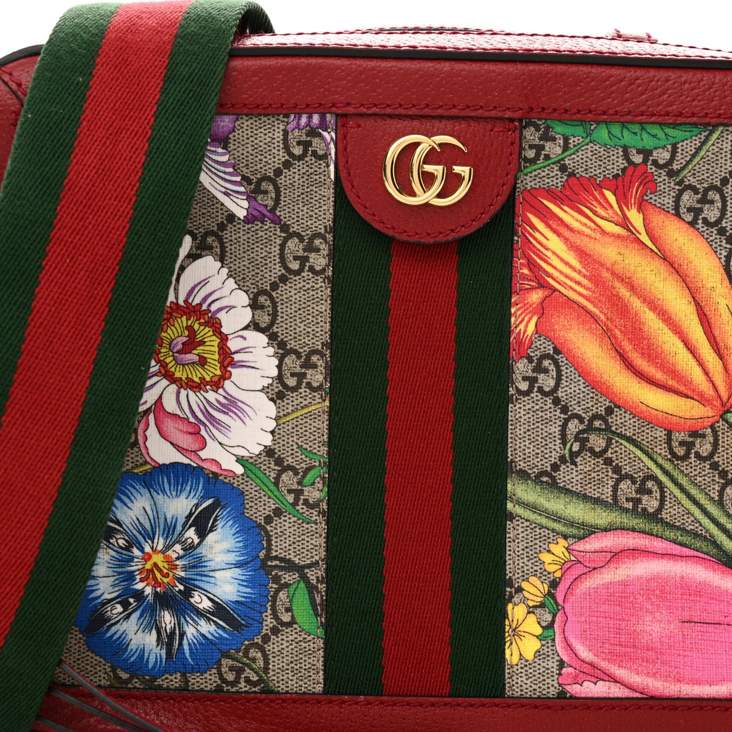 GG Supreme Monogram Flora Web Small Ophidia Top Handle Shoulder Bag Hibiscus Red