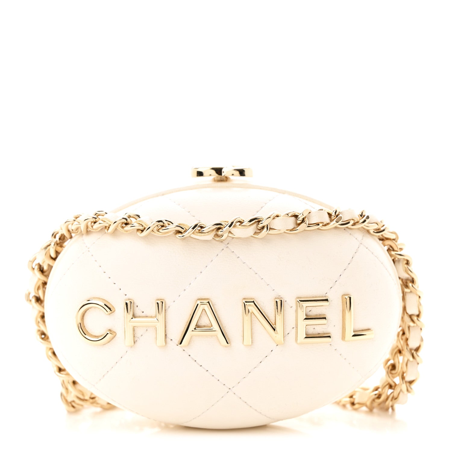 Chanel Lambskin Quilted Oval Minaudiere Chain Clutch White 1743618