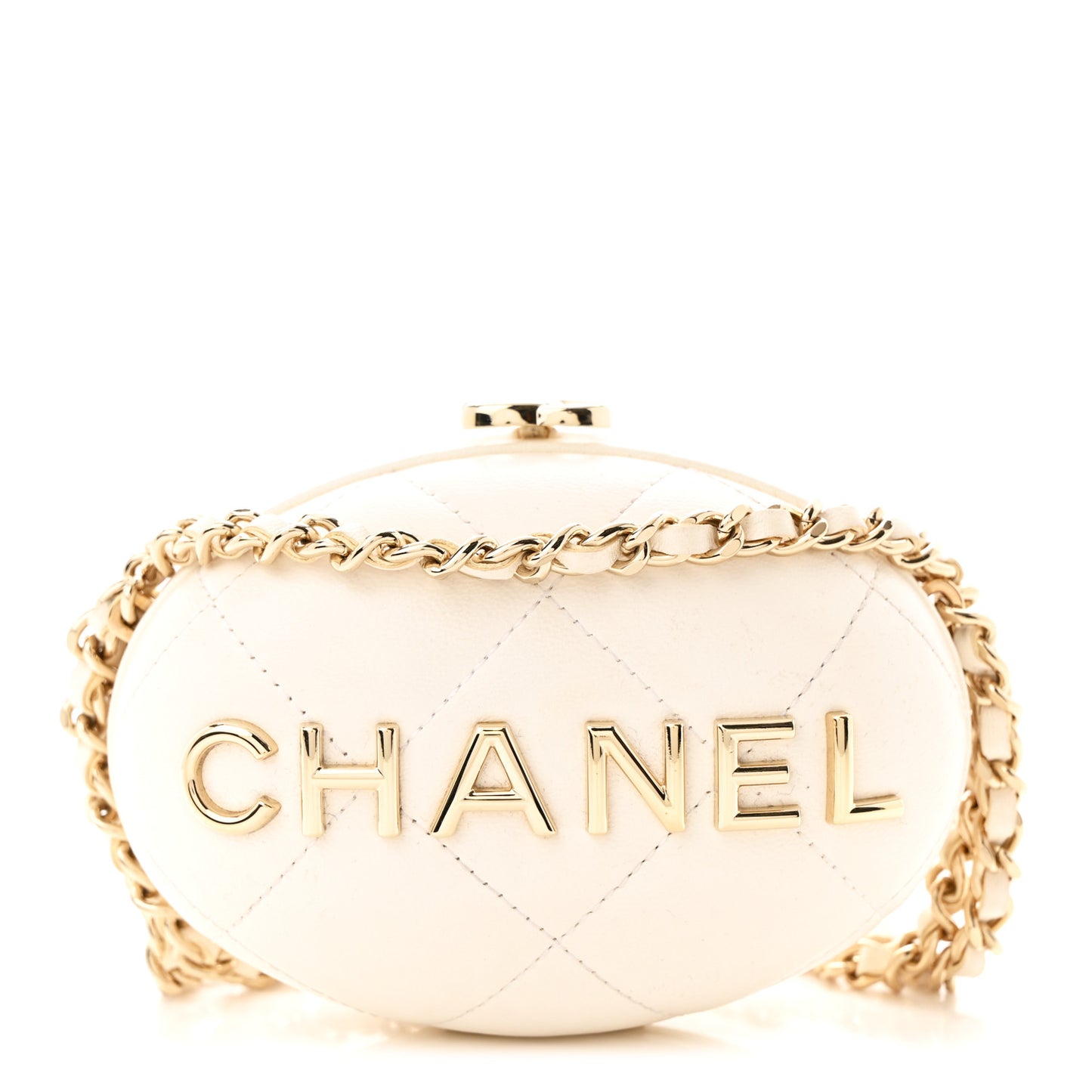 Lambskin Quilted Oval Minaudiere Chain Clutch White