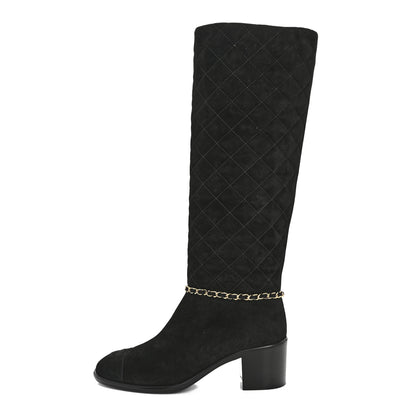 Chanel Suede Calfskin Quilted Chain Knee High Boots 39 Black 1 of 9