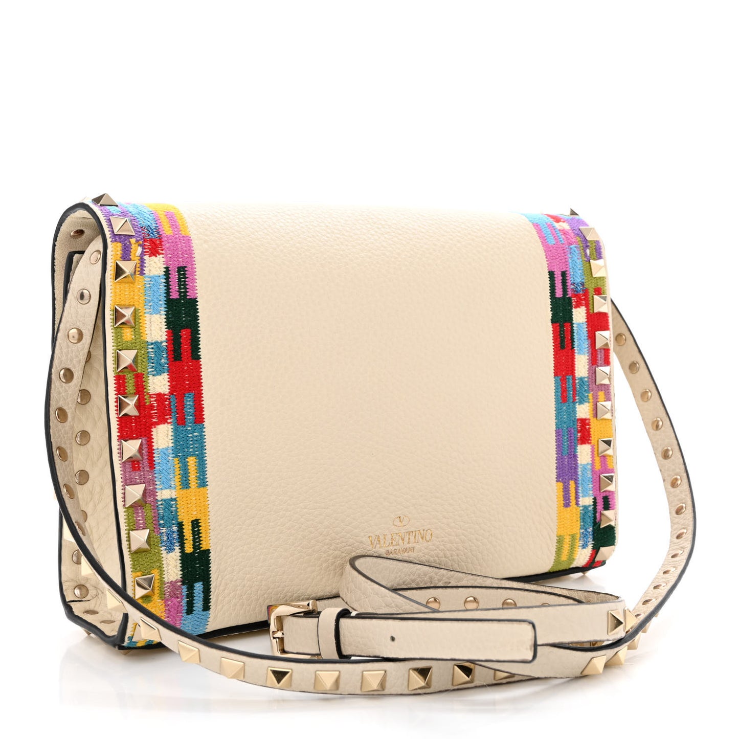 Pebbled Calfskin Embroidered Medium Rockstud Flip Lock Crossbody Bag Ivory