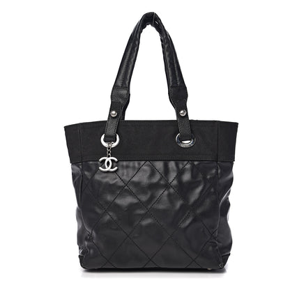 Chanel Coated Canvas Quilted Small Paris Biarritz Tote Black 1 of 10