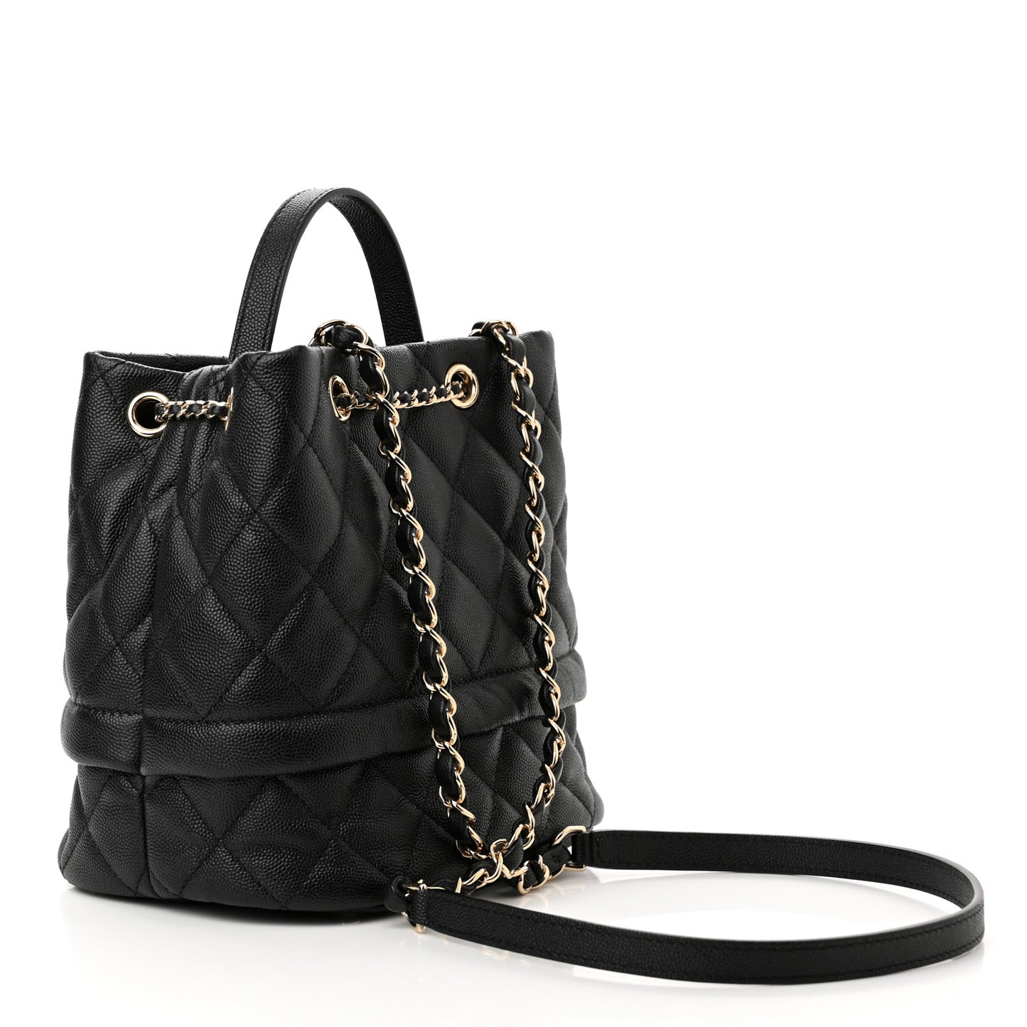 Caviar Quilted Rolled Up Bucket Drawstring Bag Black