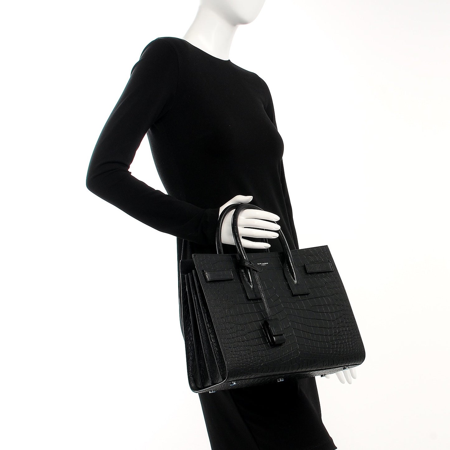 Calfskin Crocodile Embossed Small Sac de Jour Black