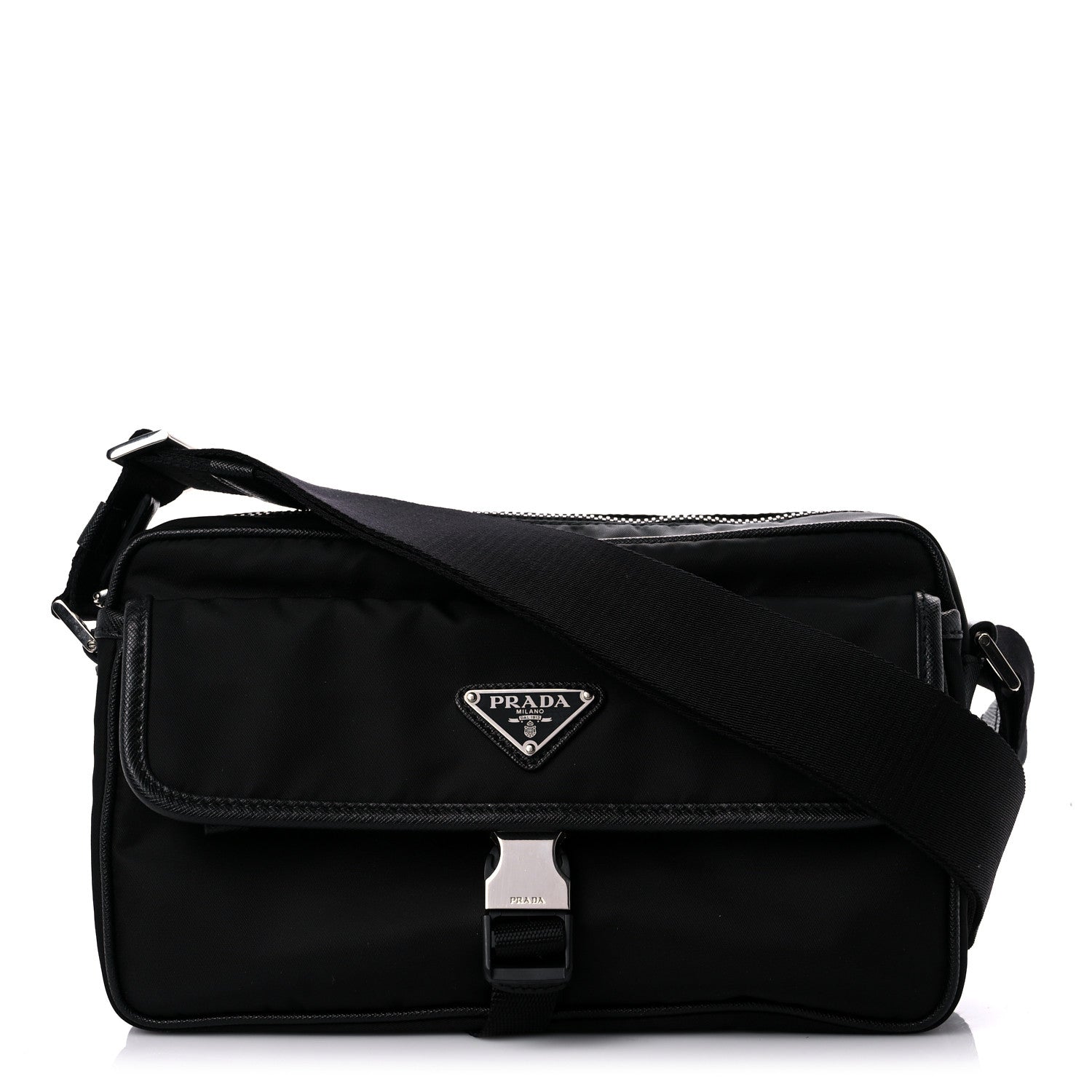 Prada Tessuto Nylon Saffiano Single Snap Buckle Messenger Flap Bag Black 1 of 11