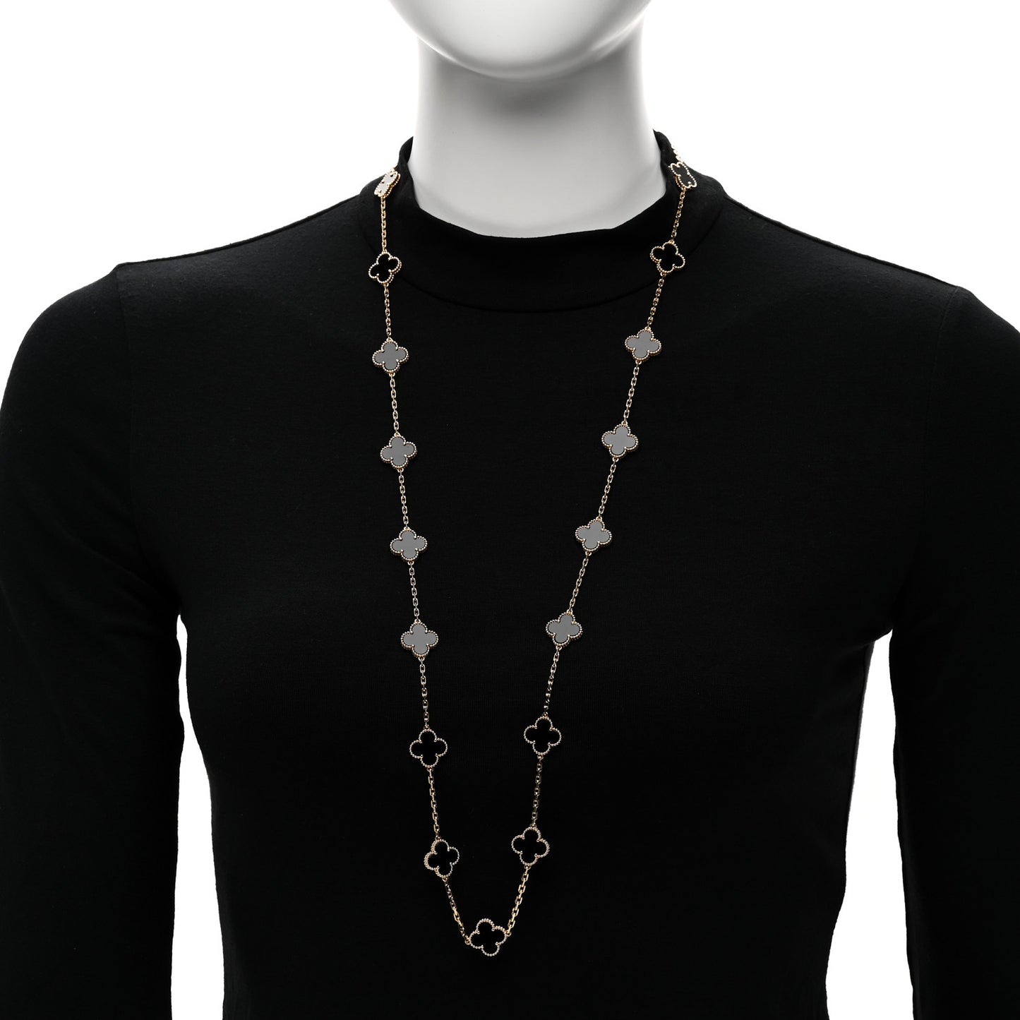 18K Yellow Gold Black Onyx 20 Motifs Vintage Alhambra Necklace