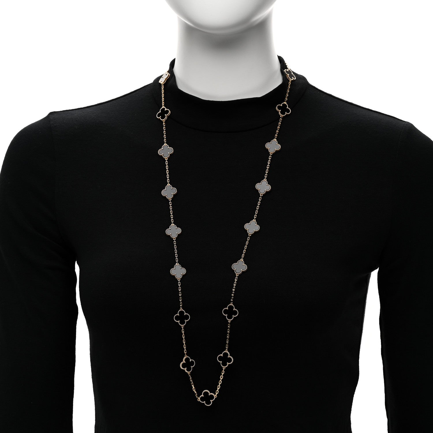 Van Cleef & Arpels 18K Yellow Gold Black Onyx 20 Motifs Vintage Alhambra Necklace 2 of 5