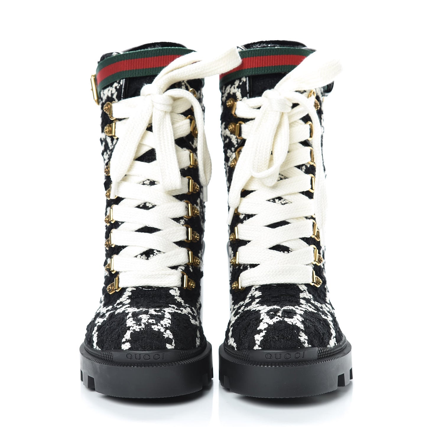 Tweed GG Monogram Lace Up Combat Ankle Boots 36 Black