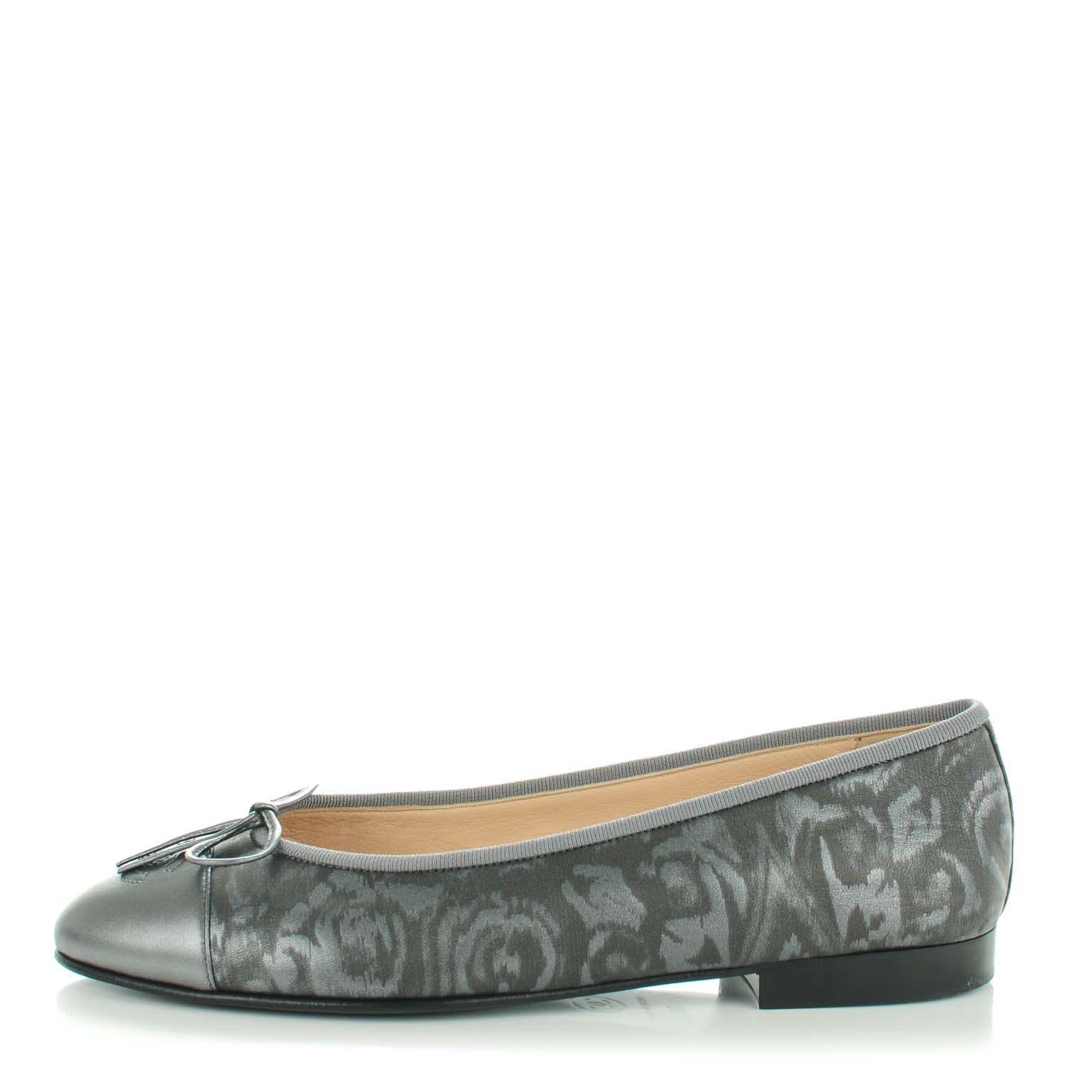 Chanel Metallic Lambskin Camellia Cap Toe Ballerina Flats 38 Dark Grey 1 of 8