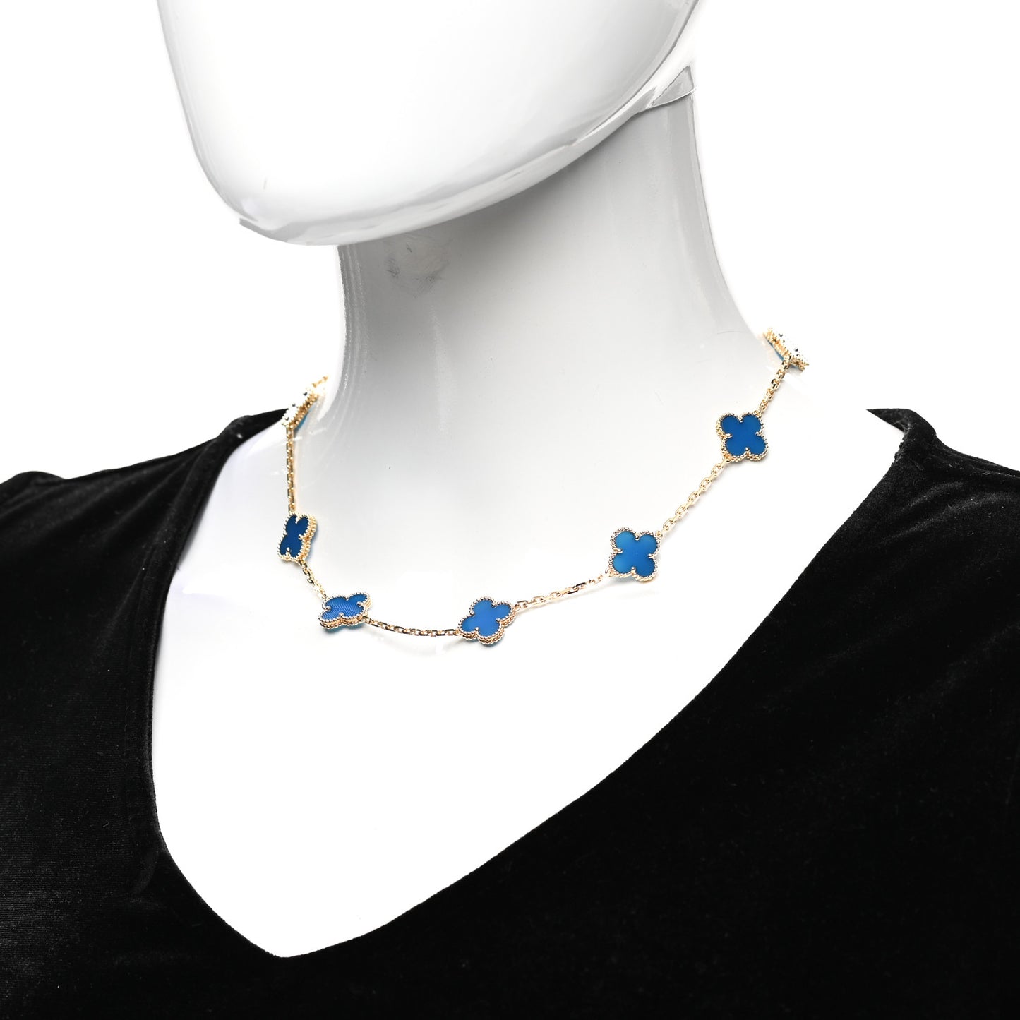 18K Yellow Gold Blue Agate 10 Motifs Vintage Alhambra Necklace