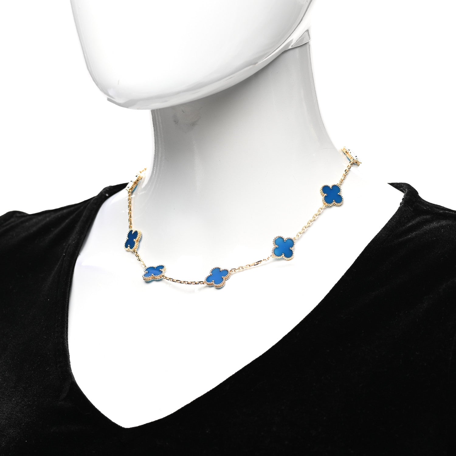 Van Cleef & Arpels 18K Yellow Gold Blue Agate 10 Motifs Vintage Alhambra Necklace 2 of 6