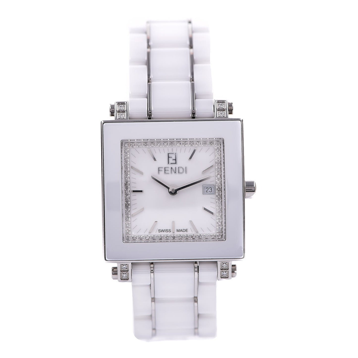 Stainless Steel Ceramic Diamond Bezel 30mm Quadro Quartz Watch White