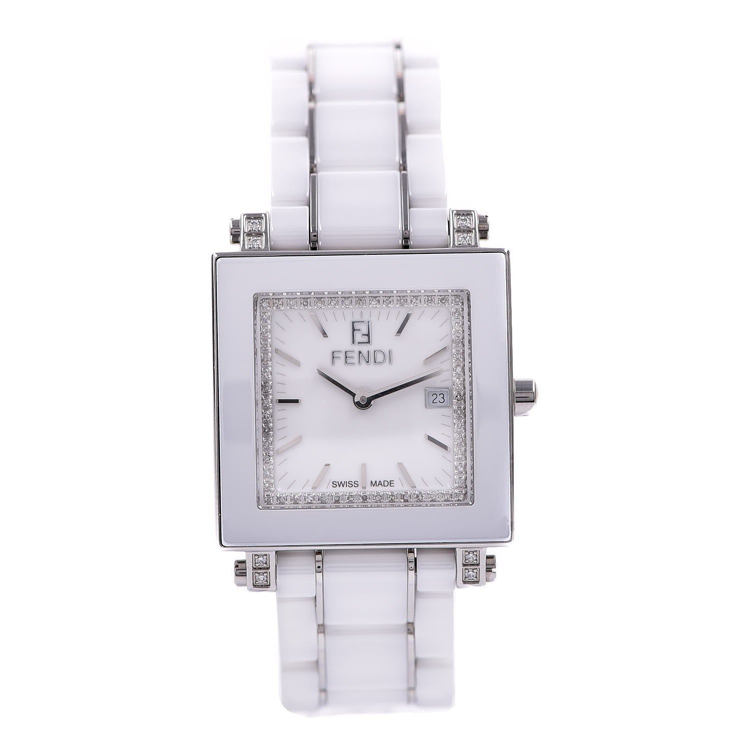 Fendi Stainless Steel Ceramic Diamond Bezel 30mm Quadro Quartz Watch White 1 of 7