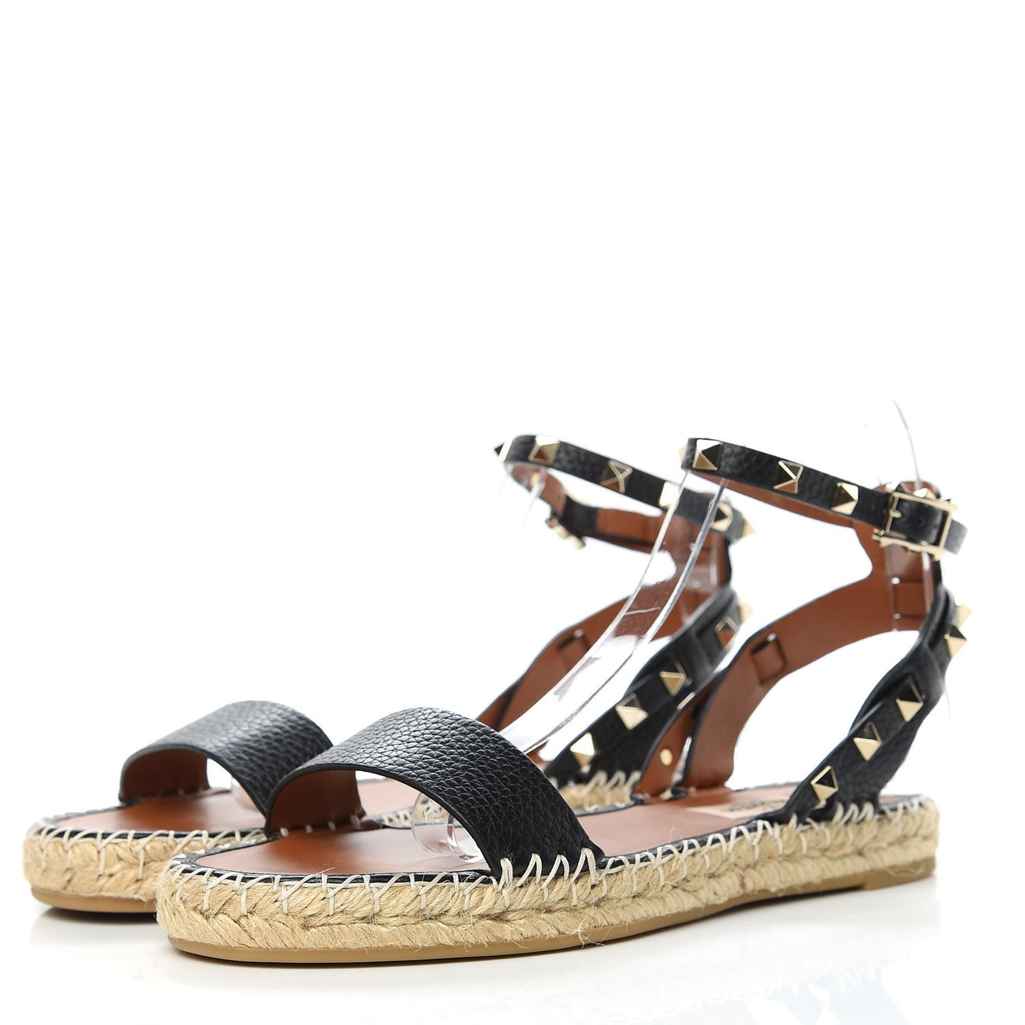 Grained Calfskin Rockstud Ankle Strap Espadrille Flat Sandals 37 Black