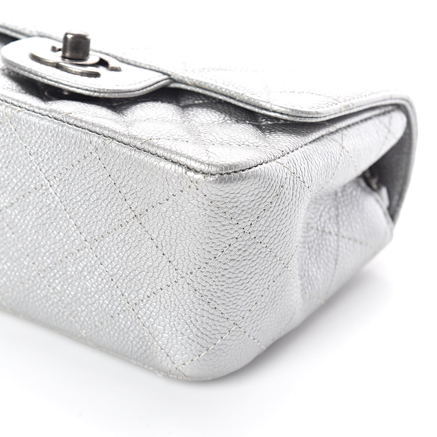Metallic Caviar Quilted Mini Square Flap Silver