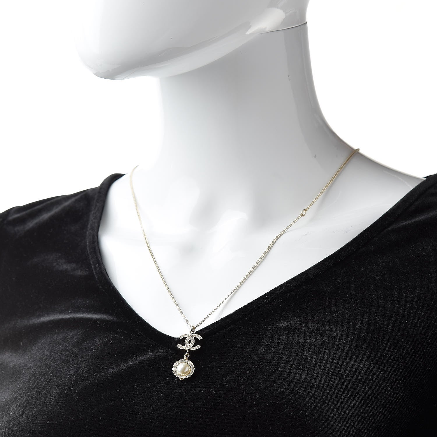 Chanel Crystal CC Pearl Drop Necklace Gold 2 of 6