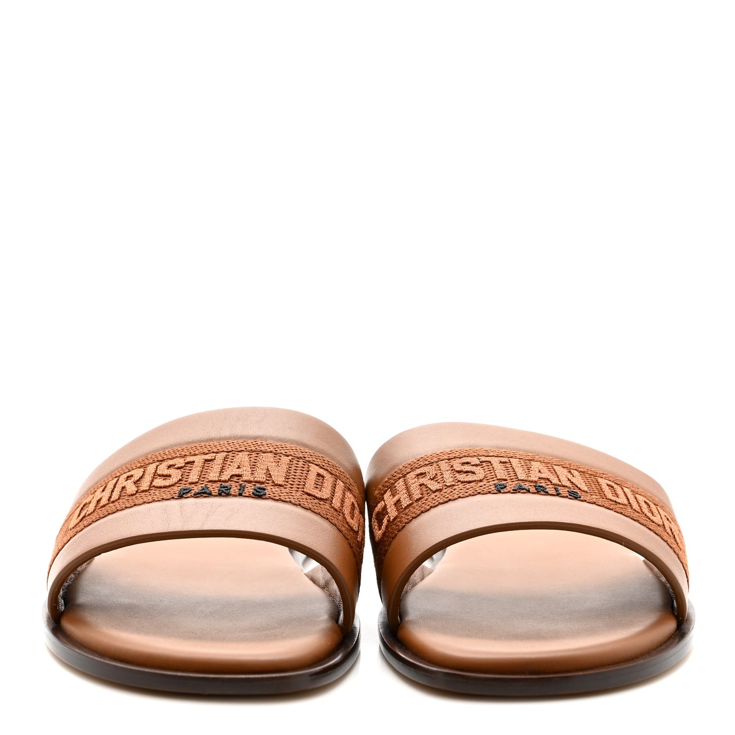 Calfskin Canvas Embroidered Dway Flat Slide Sandals 36 Camel