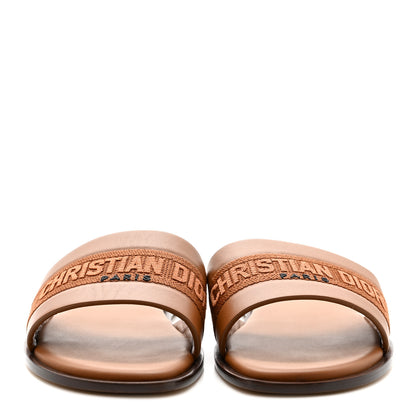 Christian Dior Calfskin Canvas Embroidered Dway Flat Slide Sandals 36 Camel 3 of 9