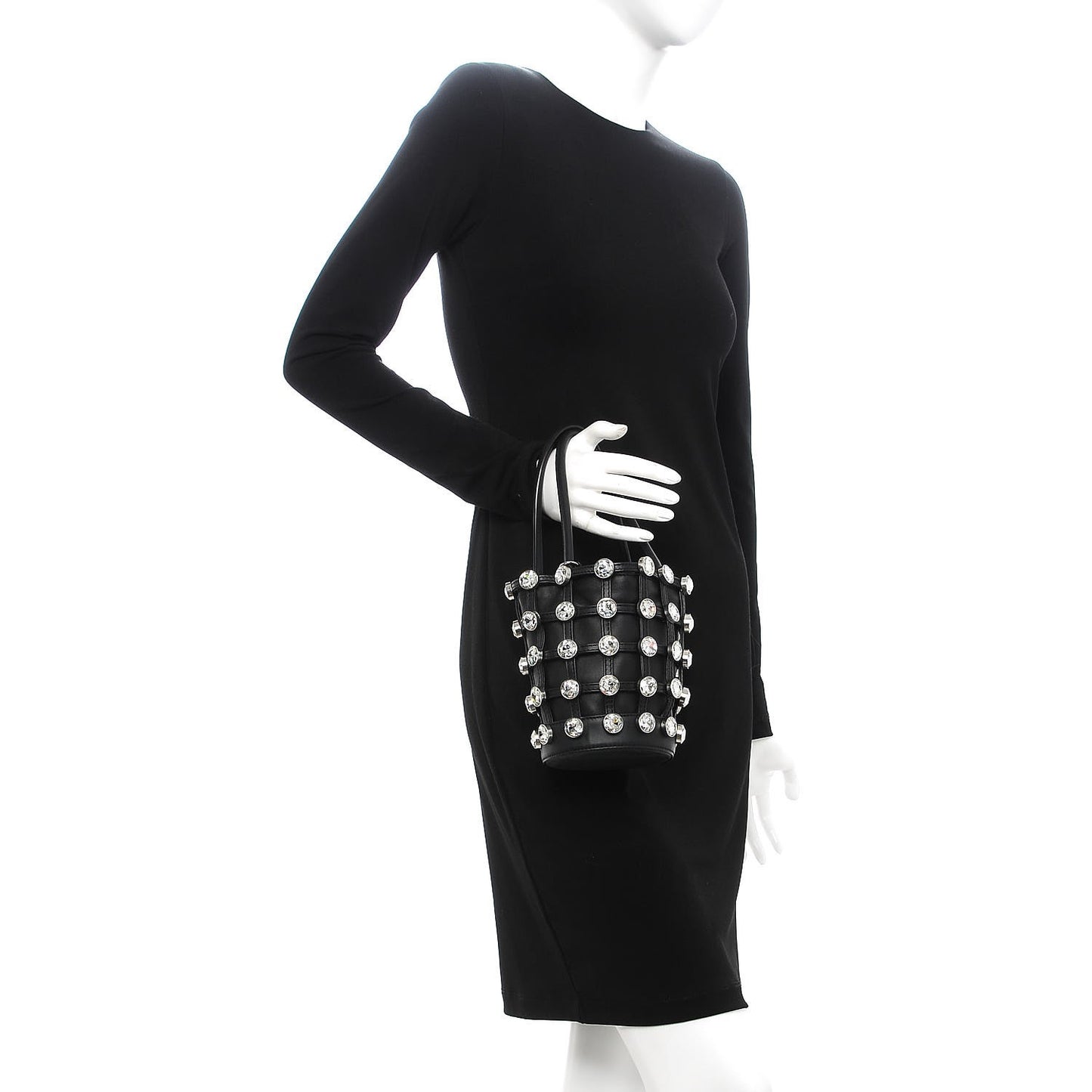 Calfskin Crystal Embellished Roxy Mini Bucket Bag Black