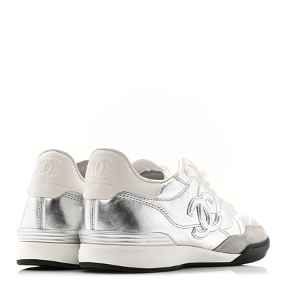 Chanel Laminated Calfskin Suede Quilted Womens CC Sneakers 38 Silver White Gray 4 of 10