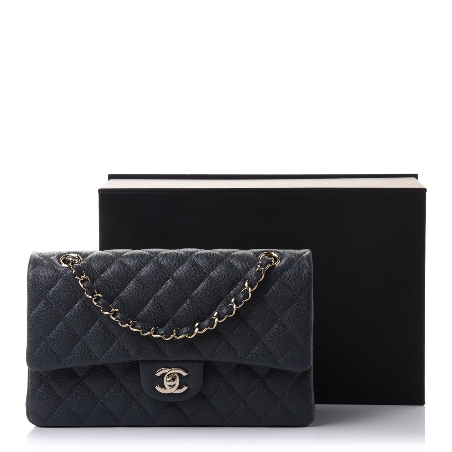 Caviar Quilted Medium Double Flap Dark Grey