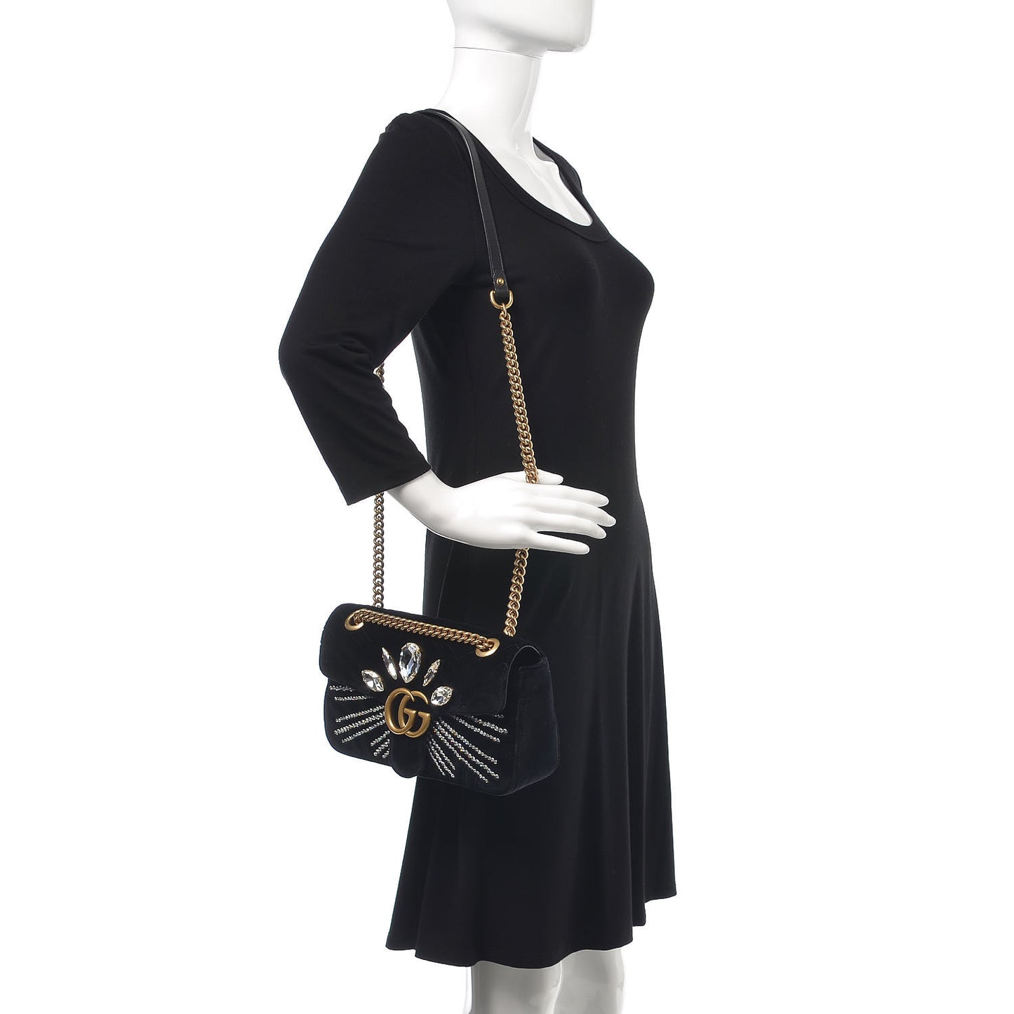 Velvet Matelasse Marquise Crystals Embroidered Small GG Marmont Shoulder Bag Black